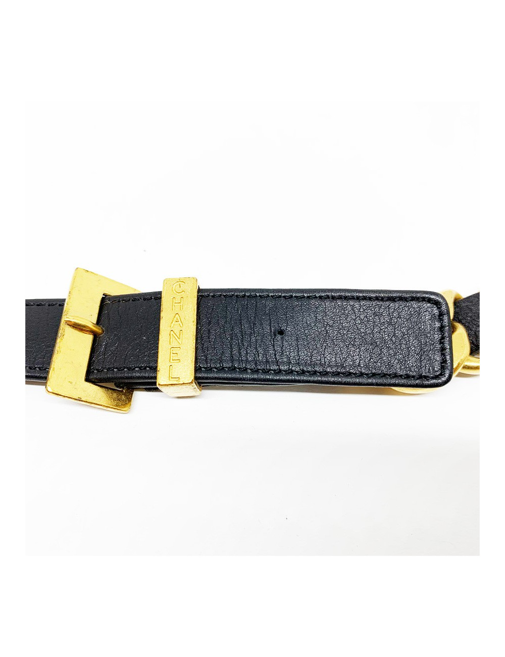 Ceinture CHANEL trèfle chaîne et cuir noir vintage