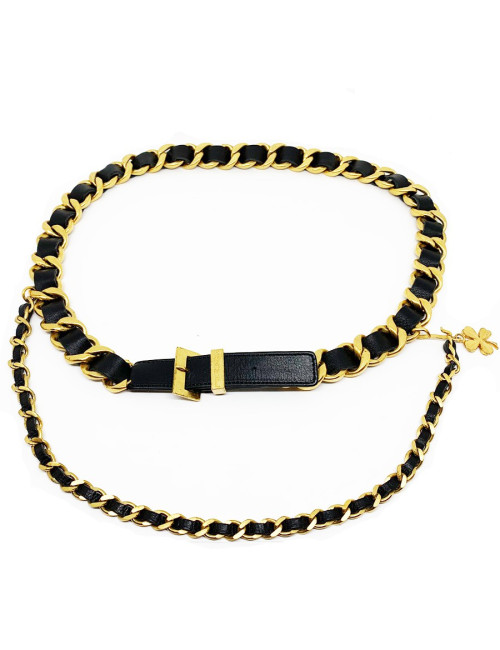 Ceinture CHANEL trèfle chaîne et cuir noir vintage