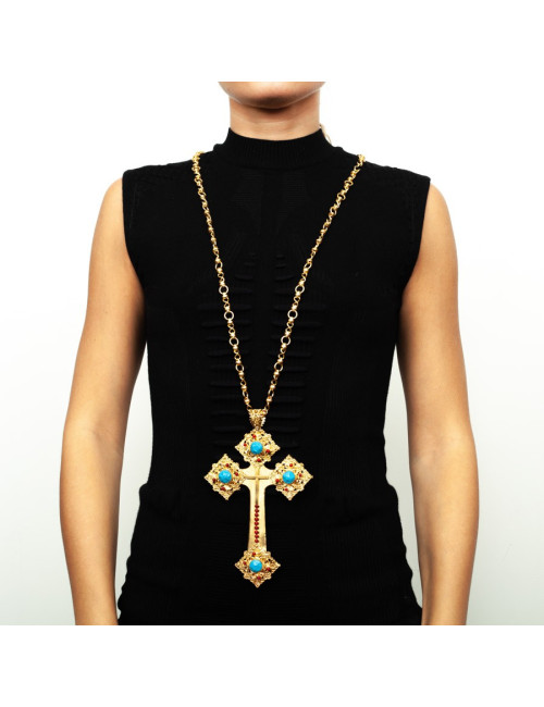 Croix MARGUERITE DE VALOIS turquoise et corail