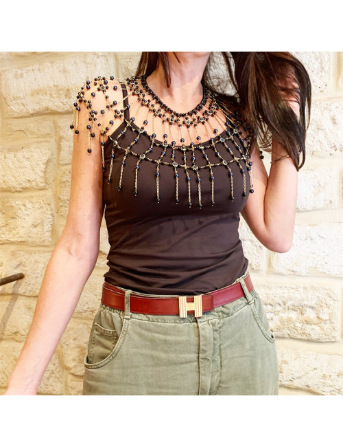 Plastron CHANEL couture perles bleues et noires