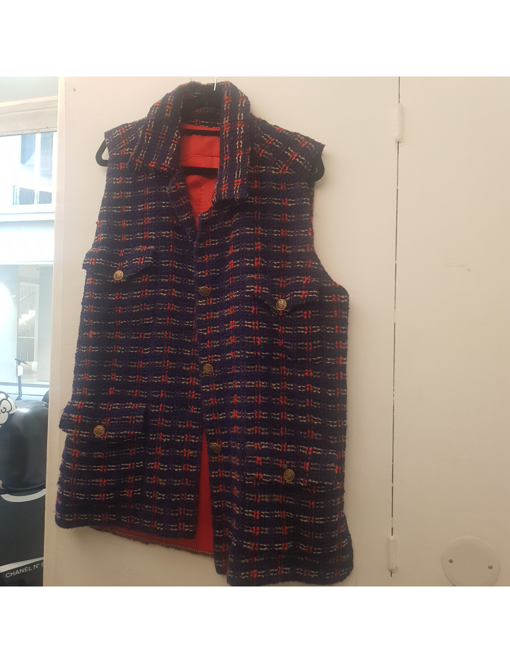 Veste sans manche CHANEL tweed bleu et rouge