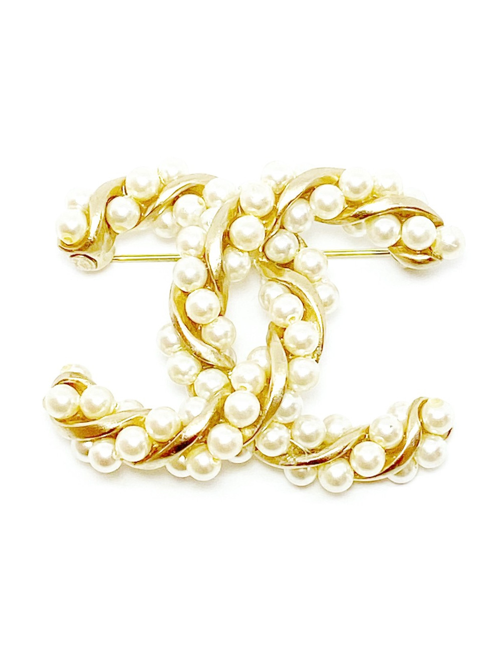 Broche CHANEL torsadée dorée et perles