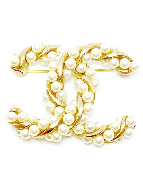 Broche CHANEL torsadée dorée et perles