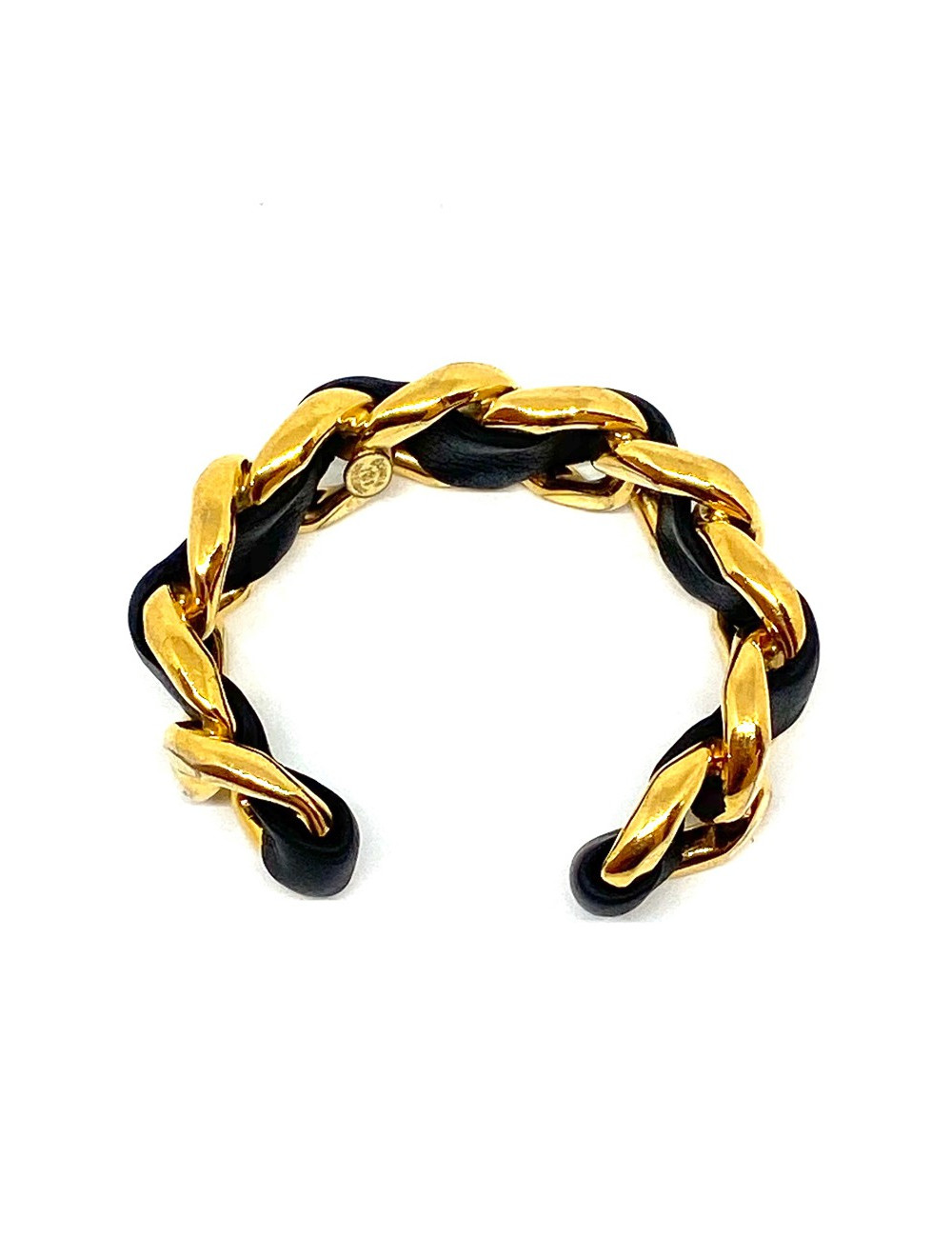 Bracelet CHANEL cuir noir et chaîne dorée