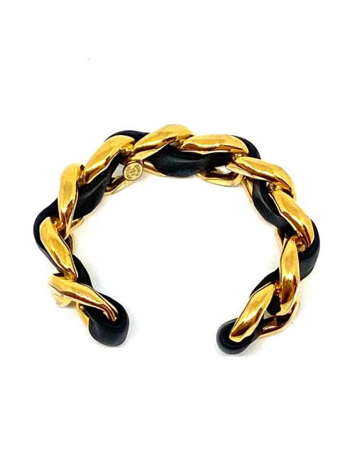 Bracelet CHANEL cuir noir et chaîne dorée