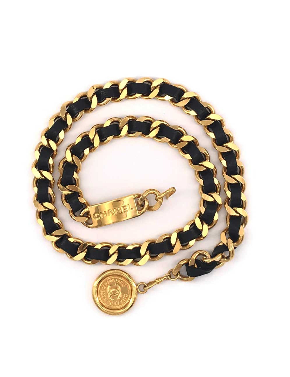 Ceinture CHANEL Cambon chaîne entrelacée cuir noir vintage