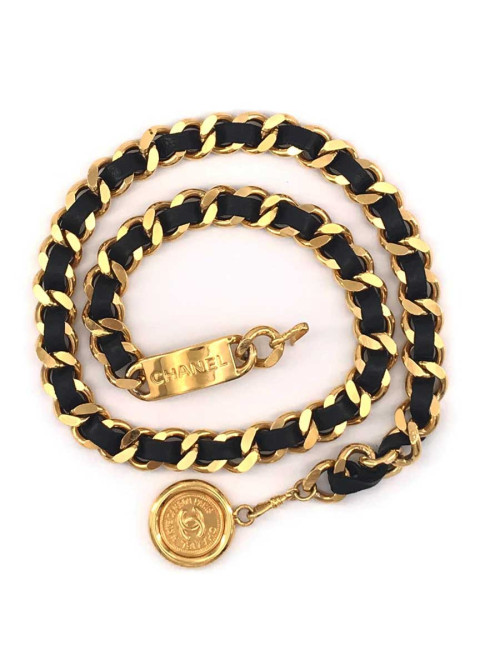 Ceinture CHANEL Cambon chaîne entrelacée cuir noir vintage