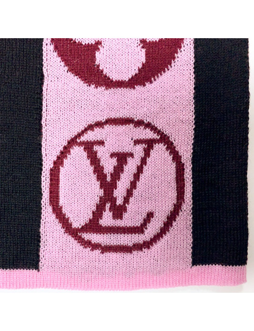 Echarpe LOUIS VUITTON noire et Mongram rose et bordeaux