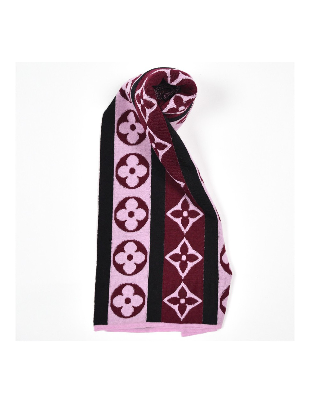 Echarpe LOUIS VUITTON noire et Mongram rose et bordeaux