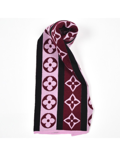 Echarpe LOUIS VUITTON noire et Mongram rose et bordeaux