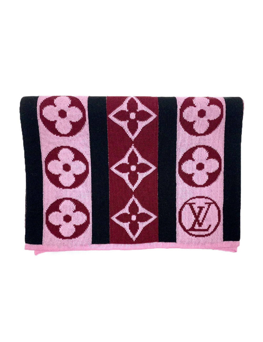 Echarpe LOUIS VUITTON noire et Mongram rose et bordeaux