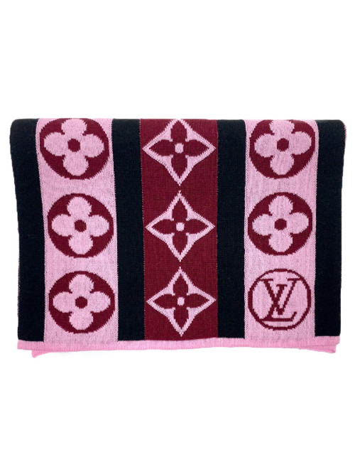 Echarpe LOUIS VUITTON noire et Mongram rose et bordeaux