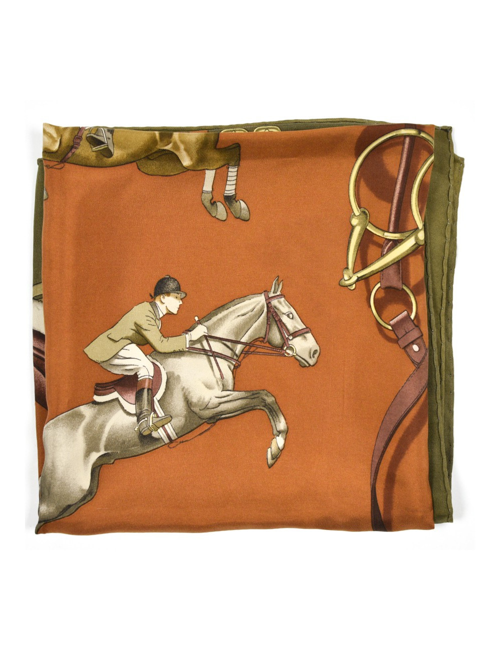 Carré HERMES "Jumping" en soie kaki et marron