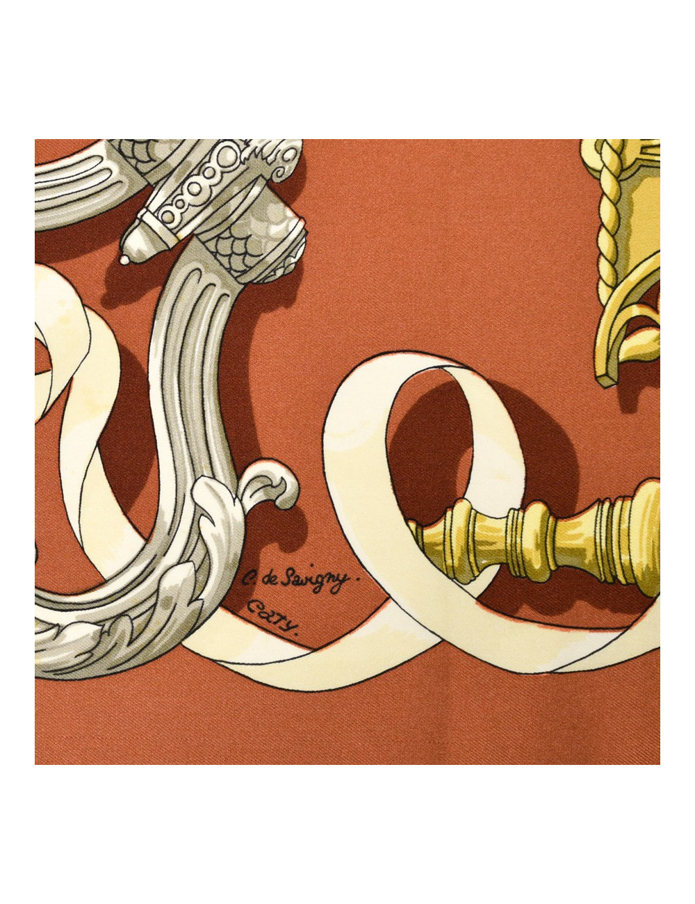 Carré Hermès "Ferronnerie" marron et or