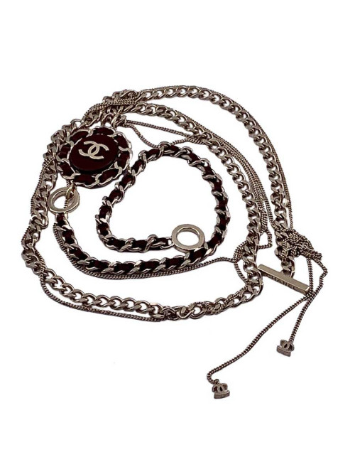 CHANEL Sautoir chaine et cuir bordeaux