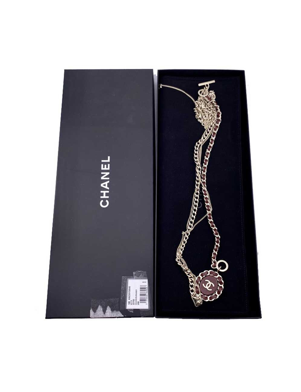 CHANEL Sautoir chaine et cuir bordeaux