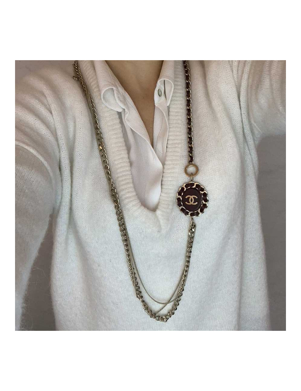 CHANEL leather and chain long necklace