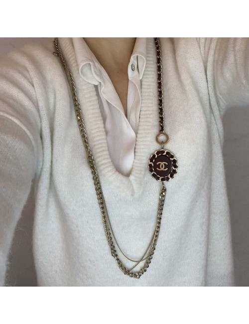 CHANEL Sautoir chaine et cuir bordeaux