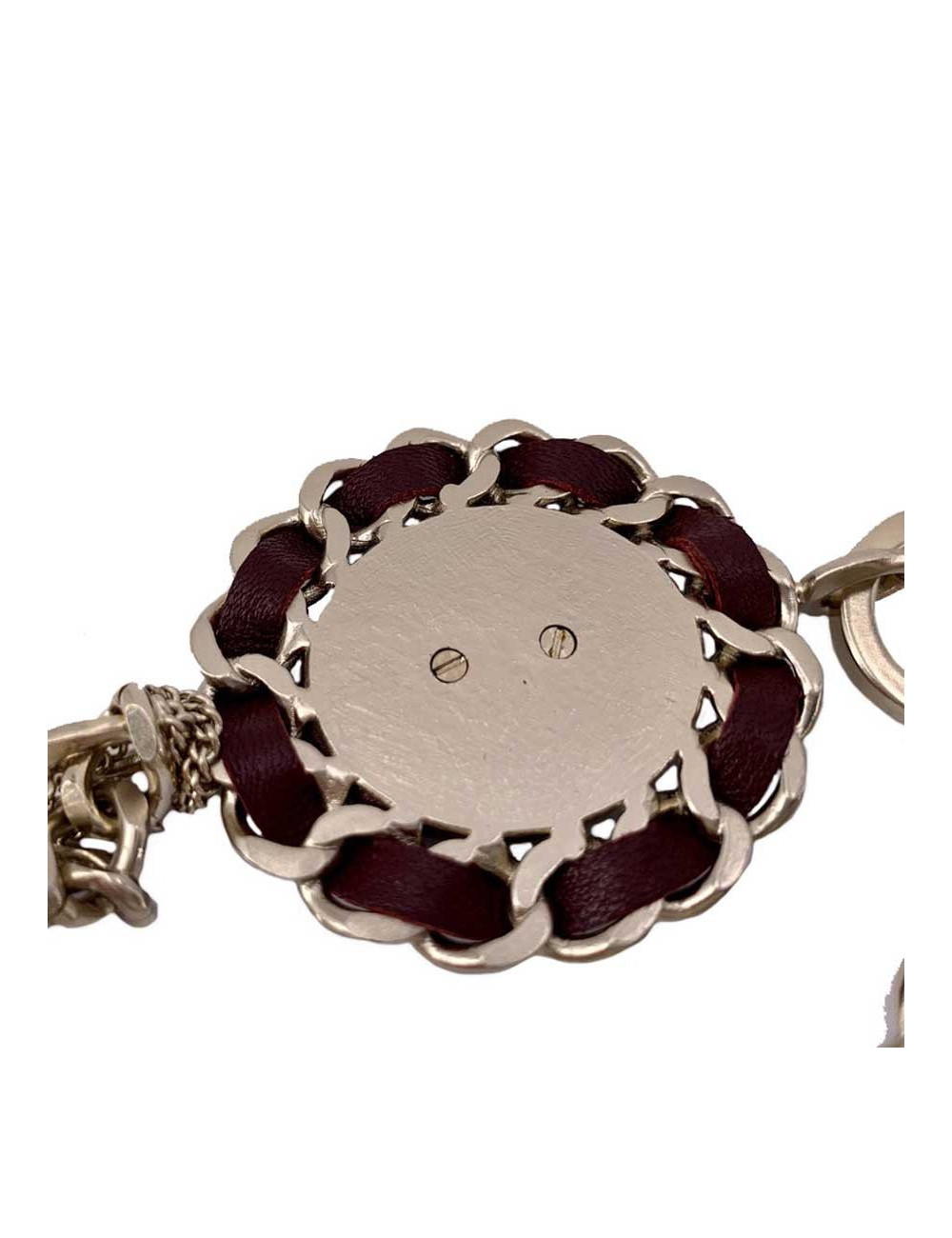 CHANEL Sautoir chaine et cuir bordeaux