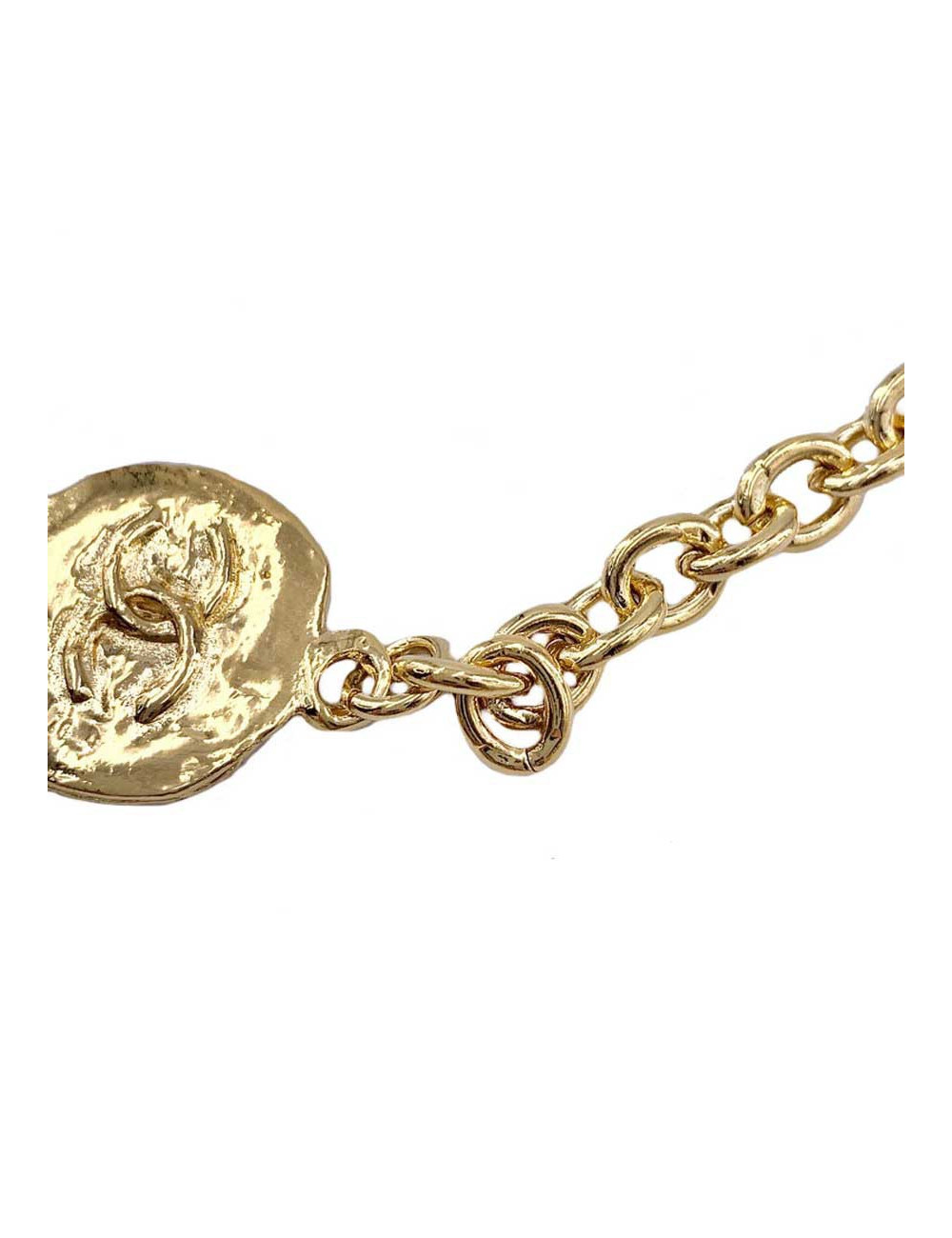 CHANEL Long sautoir chaine et pièces dorées 