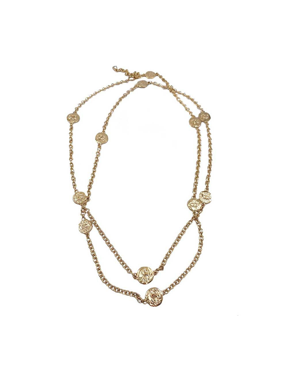 CHANEL Long sautoir chaine et pièces dorées 