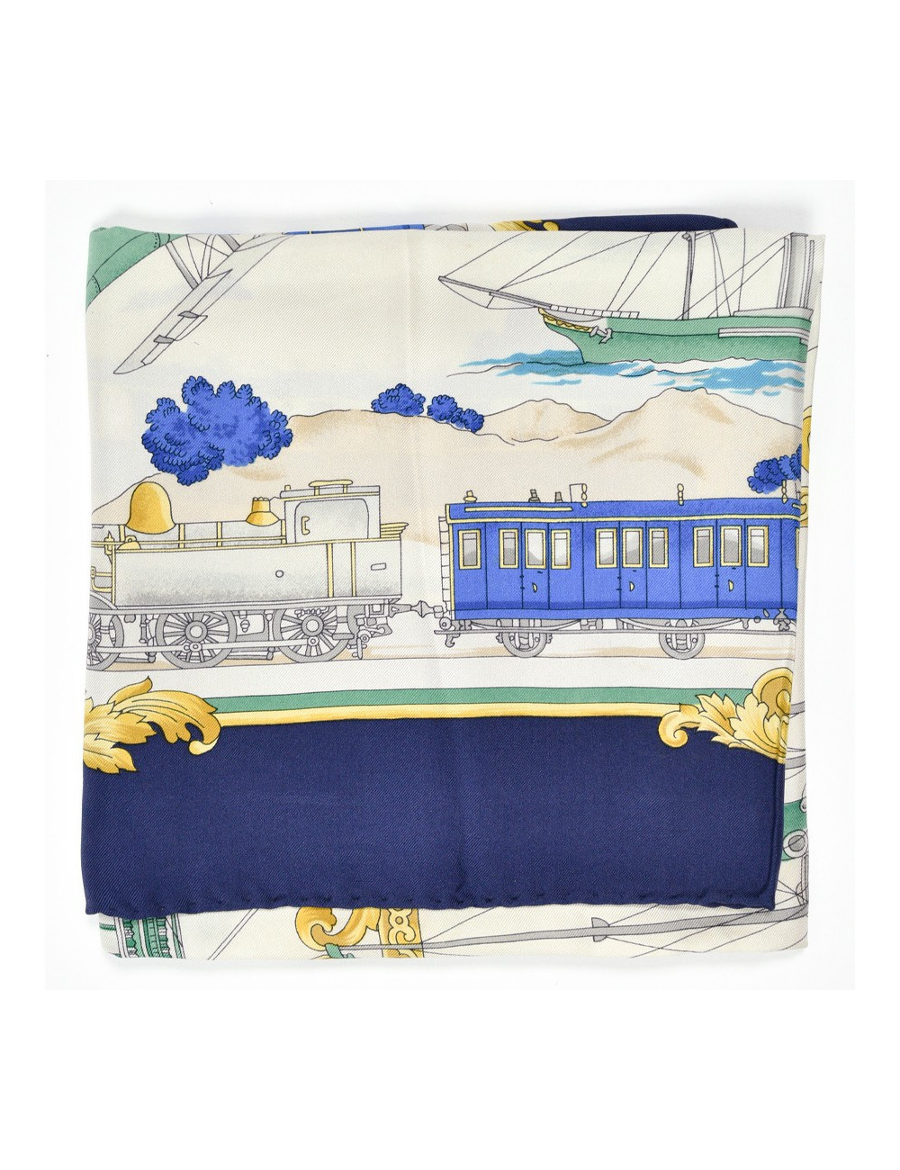 Foulard Celine soie motifs bateau train avion