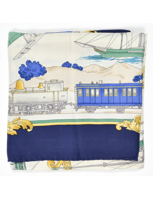 Foulard Celine soie motifs bateau train avion