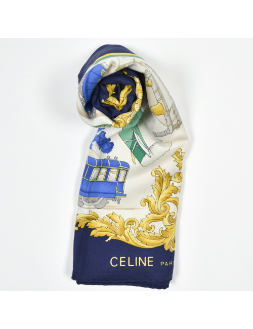 Foulard Celine soie motifs bateau train avion