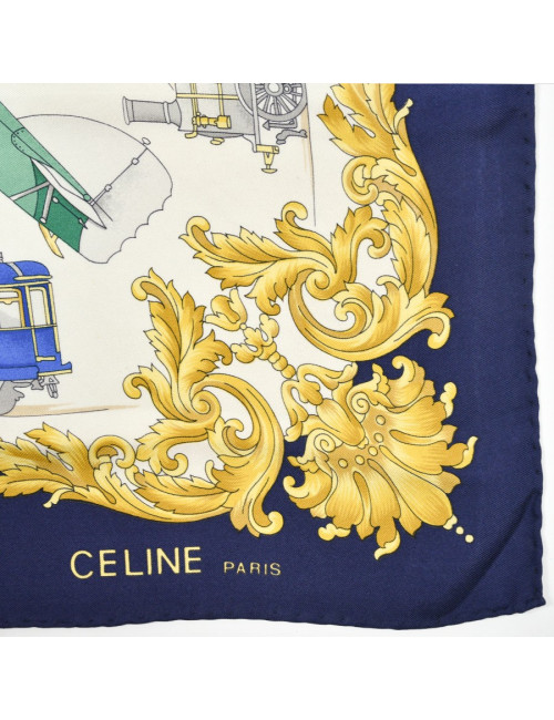 Foulard Celine soie motifs bateau train avion