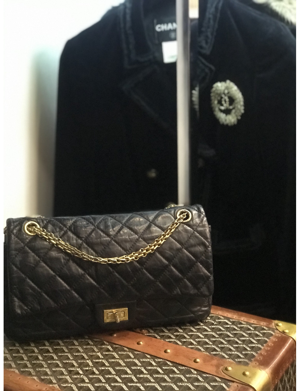 Sac 2.55 CHANEL occasion cuir vieilli noir