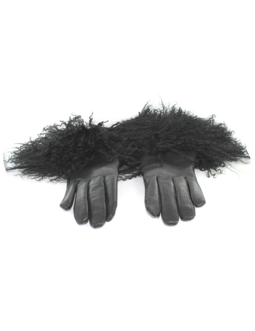 Paire de gants BALMAIN noirs en cuir et poils de mouton