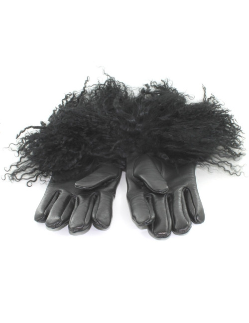 Paire de gants BALMAIN noirs en cuir et poils de mouton