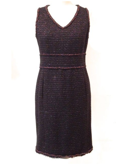 Veste-robe CHANEL en tweed noir et rouge irisé avec ceinture
