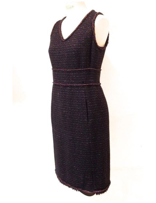 Veste-robe CHANEL en tweed noir et rouge irisé avec ceinture