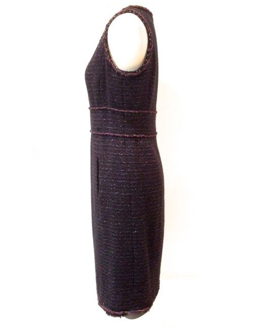 Veste-robe CHANEL en tweed noir et rouge irisé avec ceinture