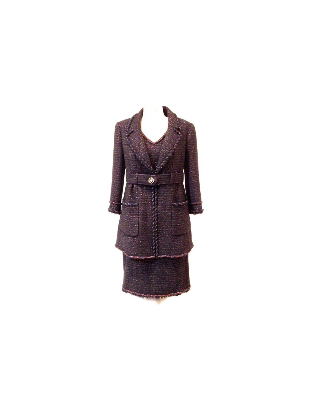 Veste-robe CHANEL en tweed noir et rouge irisé avec ceinture