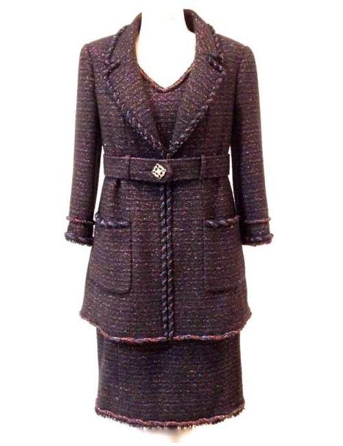 Veste-robe CHANEL en tweed noir et rouge irisé avec ceinture