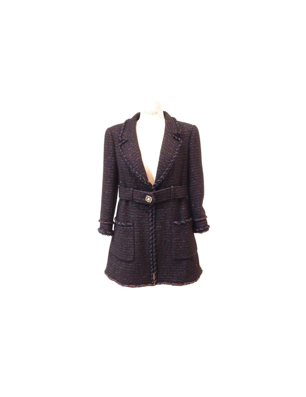 Veste CHANEL en tweed noir et rouge irisé avec ceinture