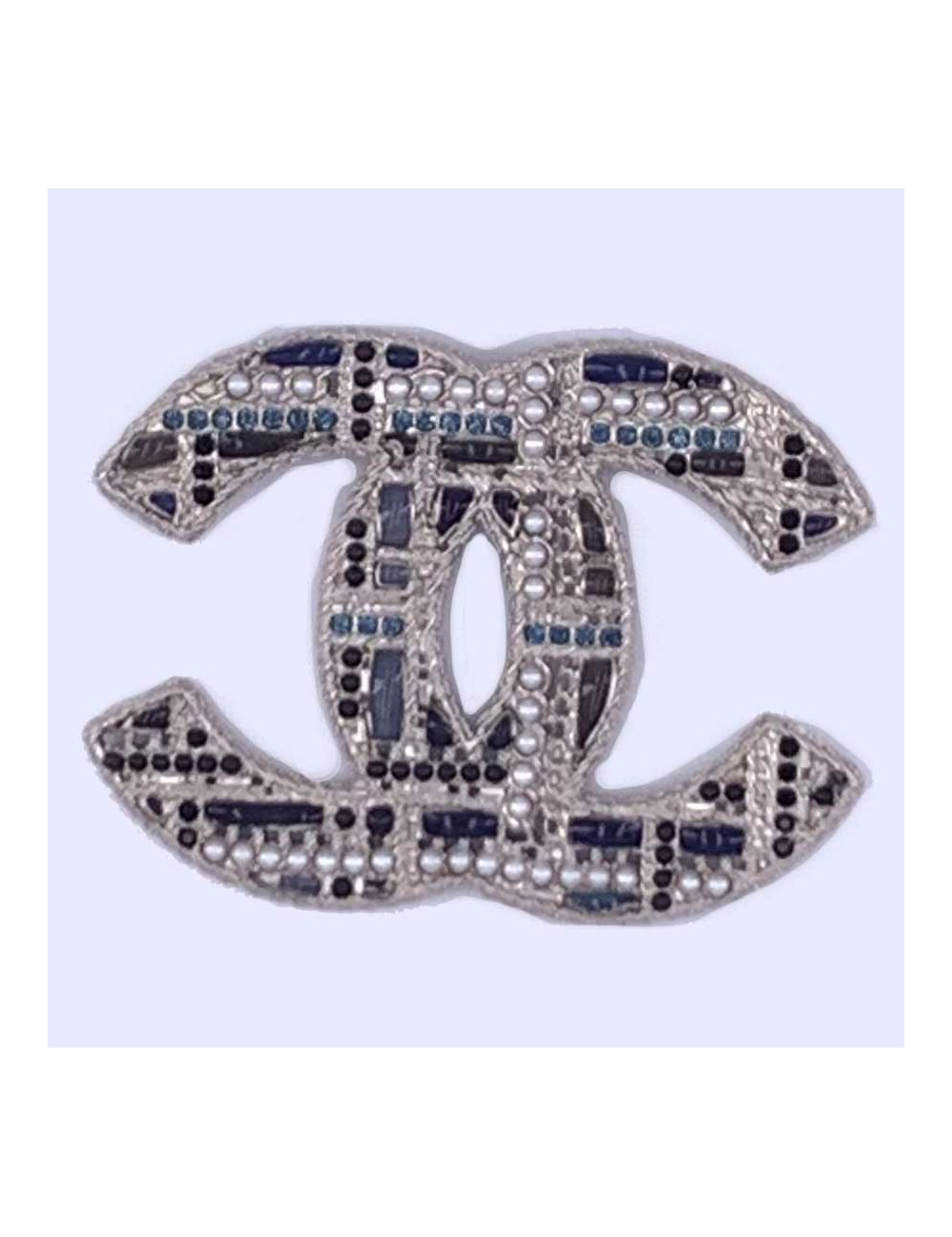 Grosse broche CHANEL CC argent, perles et pâte de verre