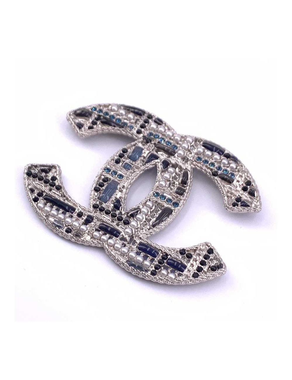 Grosse broche CHANEL CC argent, perles et pâte de verre