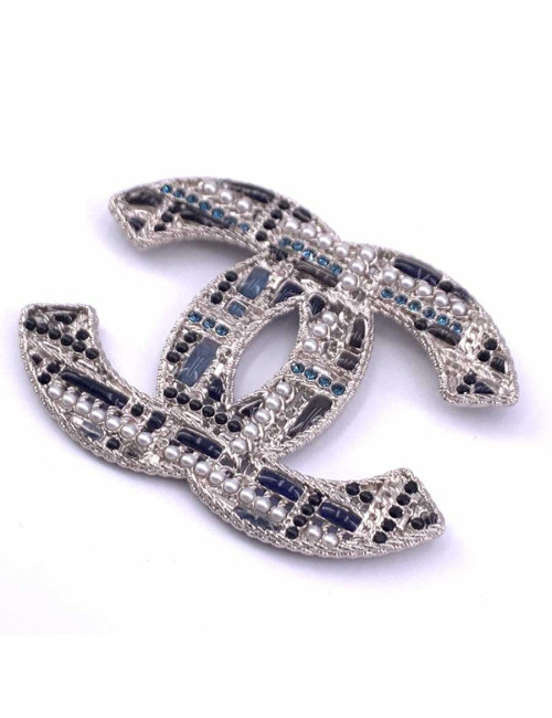Large silver Chanel brooch, pearls and glass paste