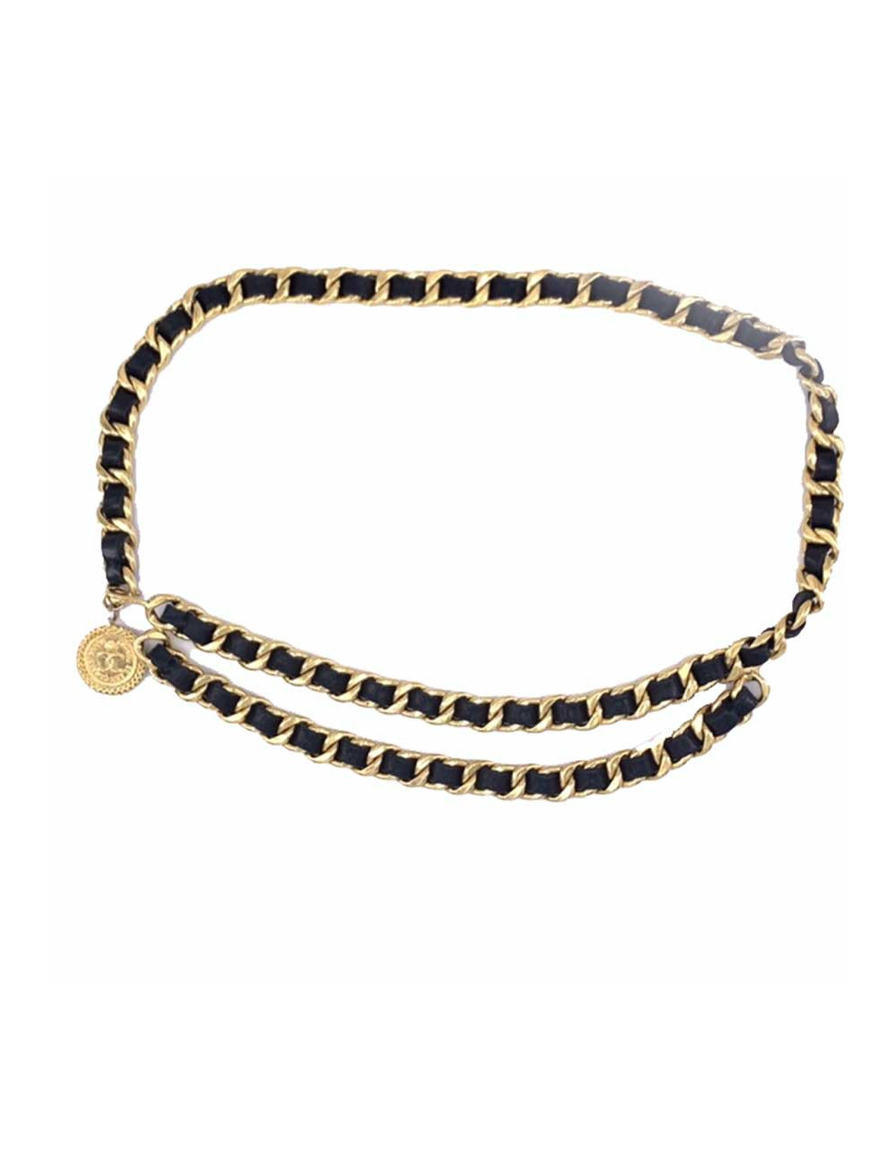 Ceinture CHANEL double rangs métal doré et cuir noir vintage