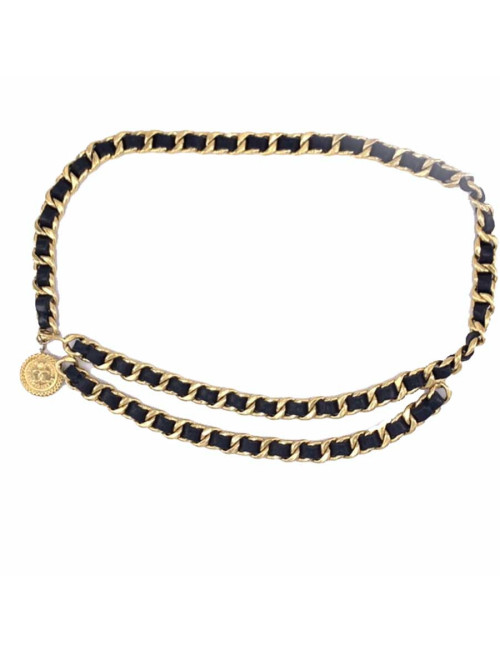 Ceinture CHANEL double rangs métal doré et cuir noir vintage
