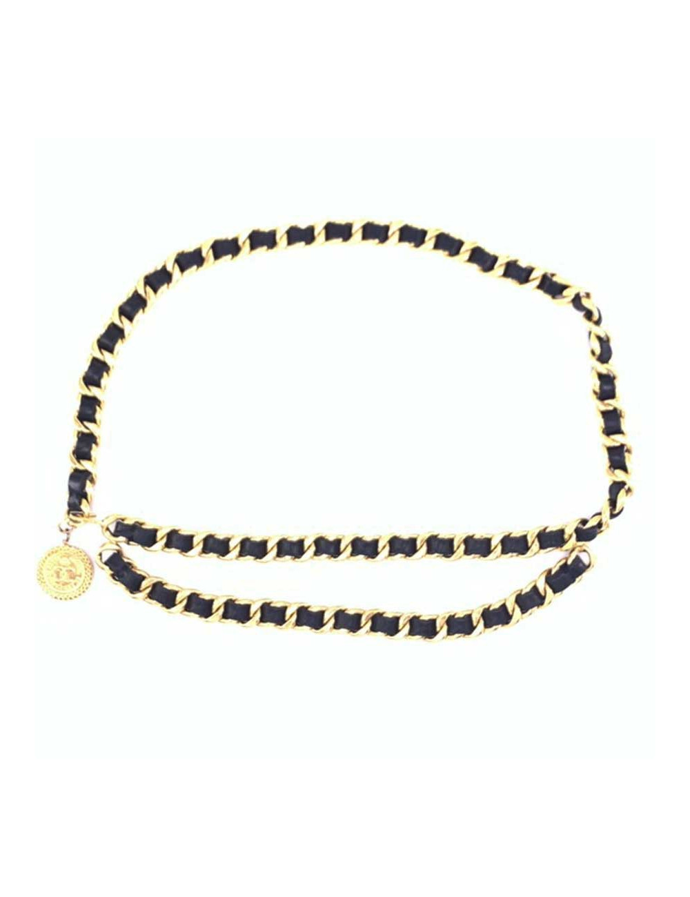 Ceinture CHANEL double rangs métal doré et cuir noir vintage