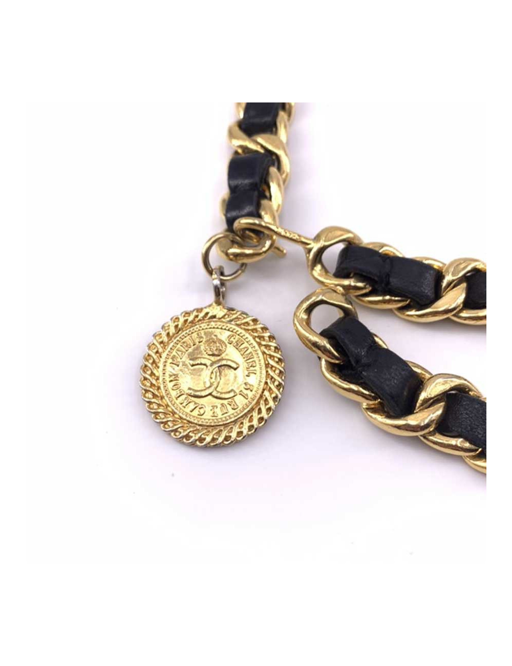 Ceinture CHANEL double rangs métal doré et cuir noir vintage