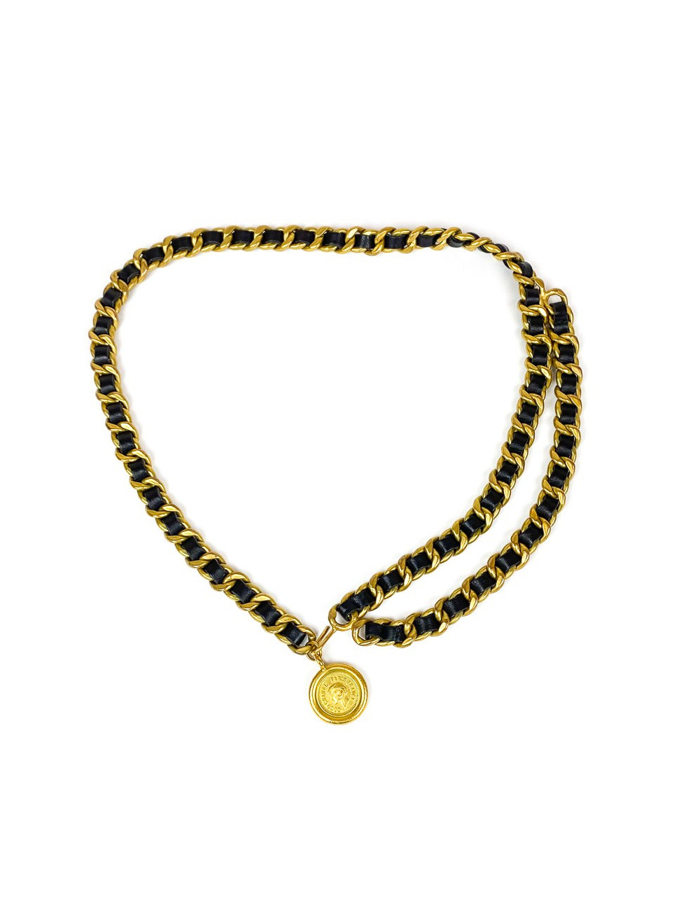 CHANEL vintage ceinture chaîne dorée et cuir noir