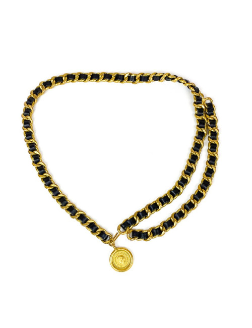 CHANEL vintage ceinture chaîne dorée et cuir noir