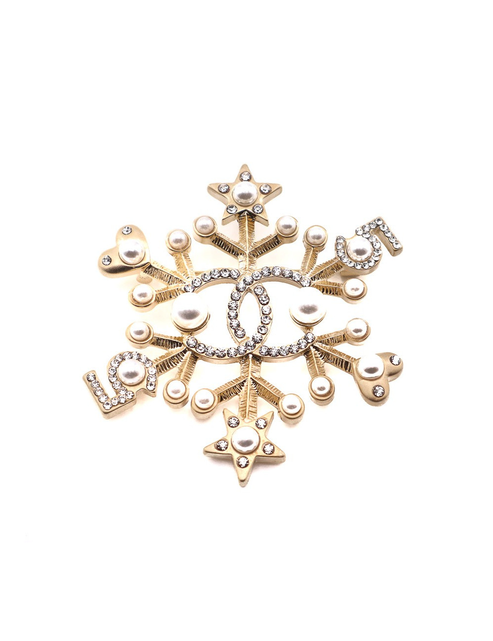 Broche CHANEL 5 dorée en strass et perles nacrées