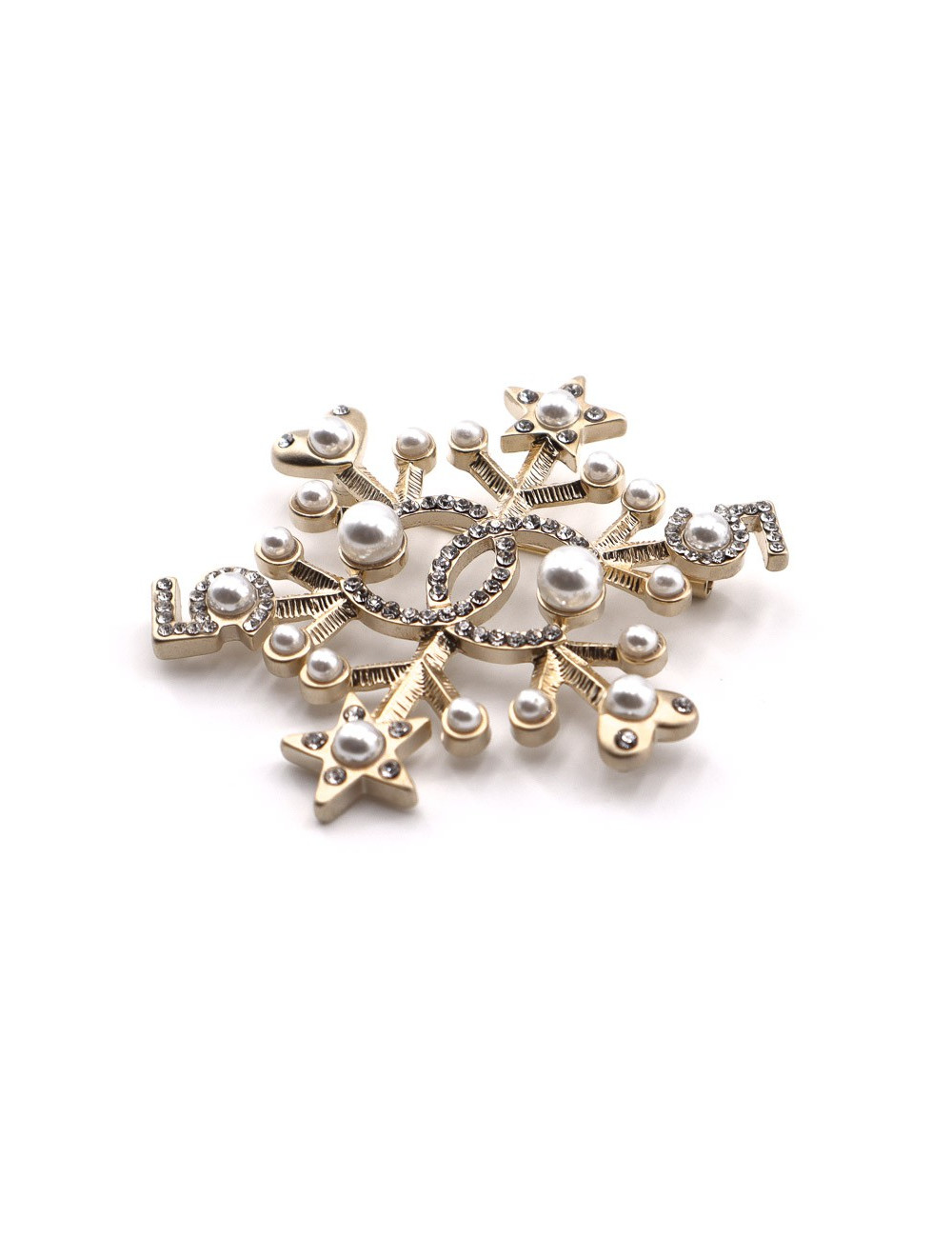 Broche CHANEL 5 dorée en strass et perles nacrées