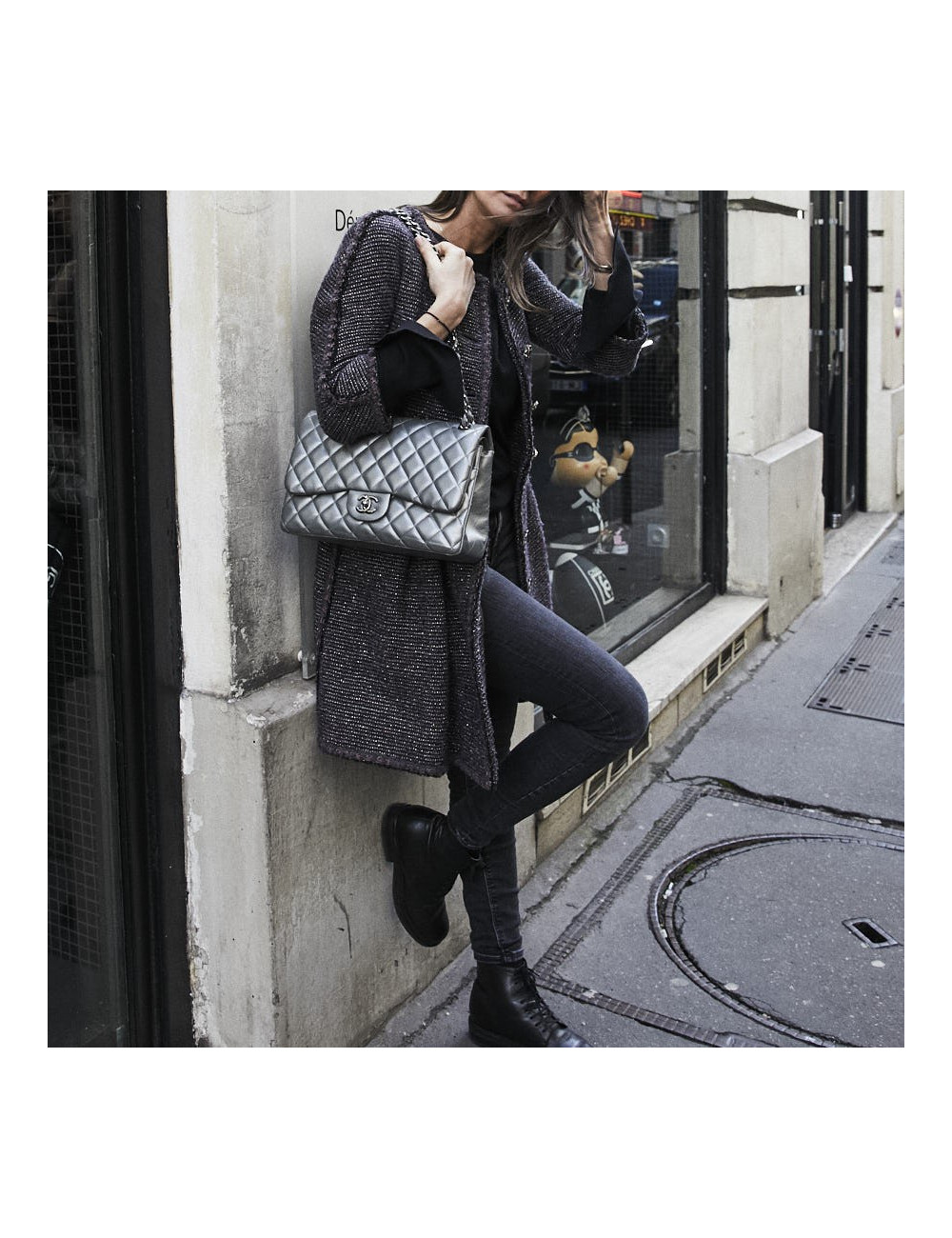 Sac à main CHANEL Jumbo cuir lisse gris acier